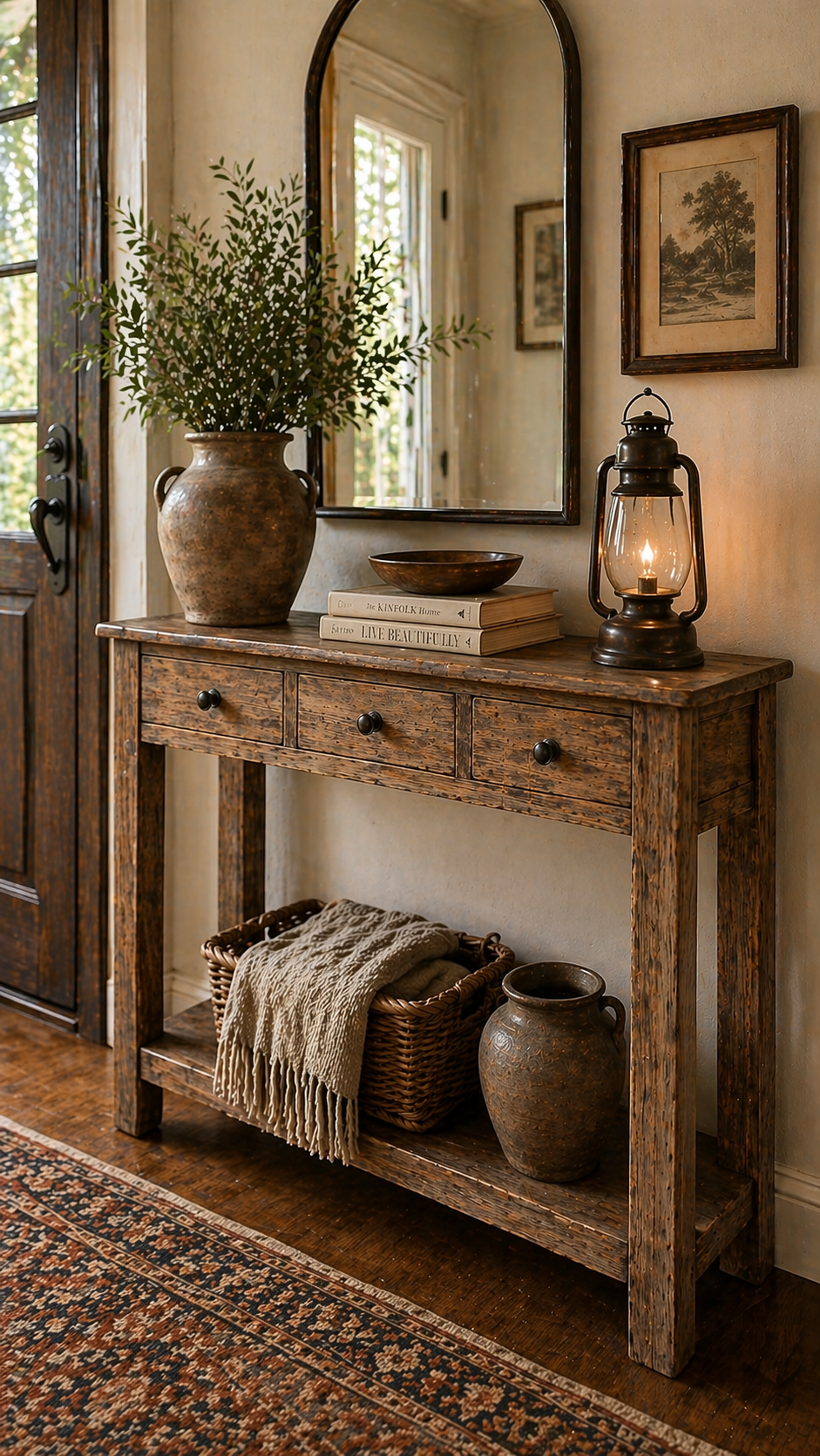 Rustic wooden console table with natural weathered patina in vintage entryway design