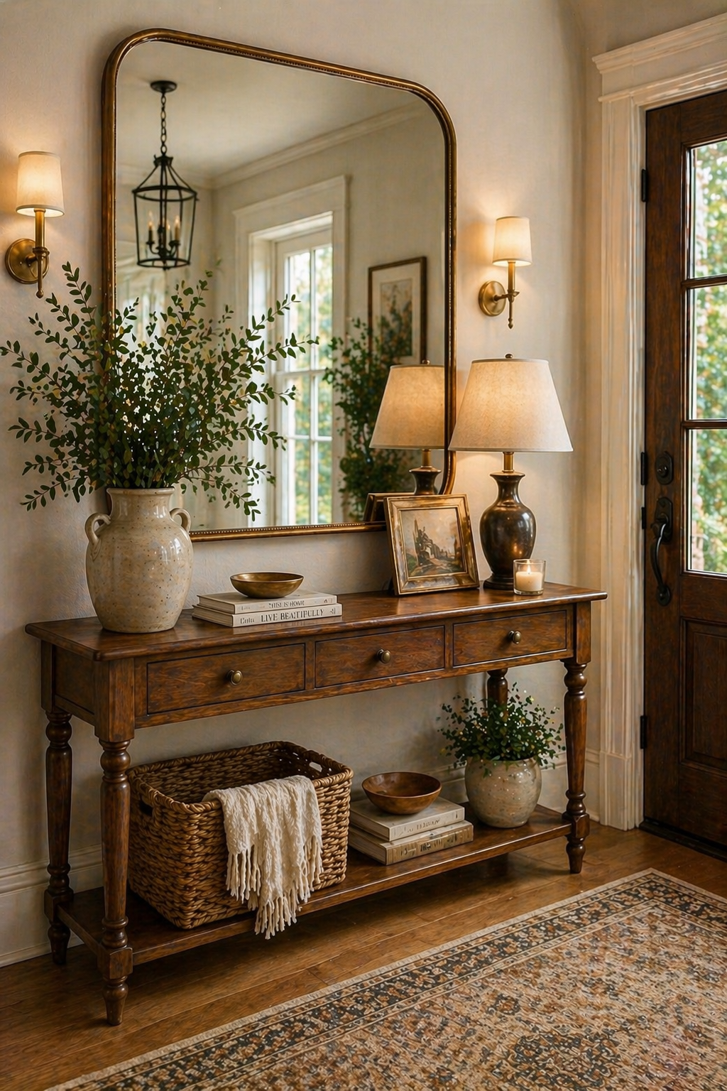 Vintage entryway table with large statement mirror above creating spacious reflection