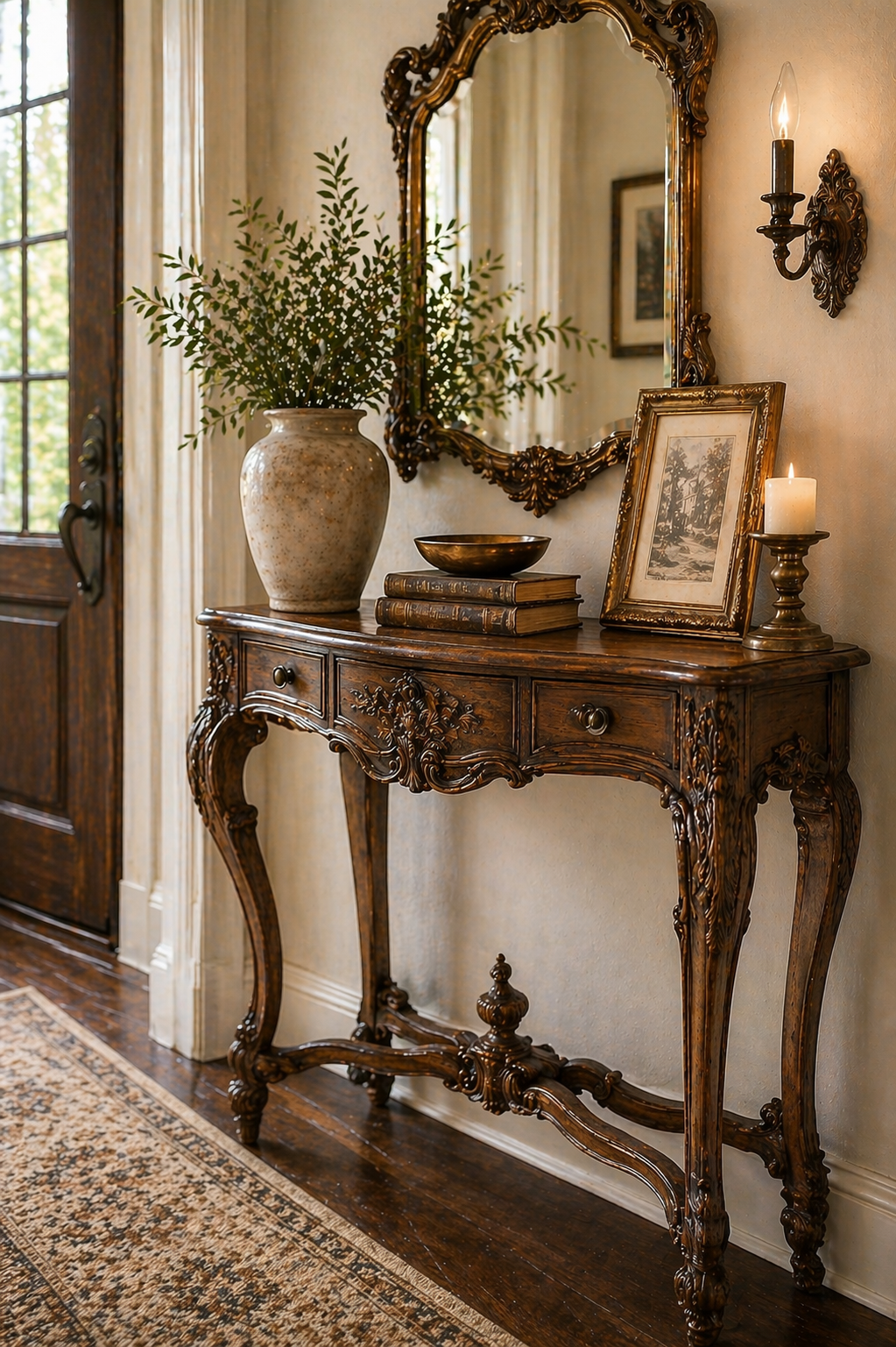 Antique console table with ornate carved legs adding elegant vintage charm to entryway