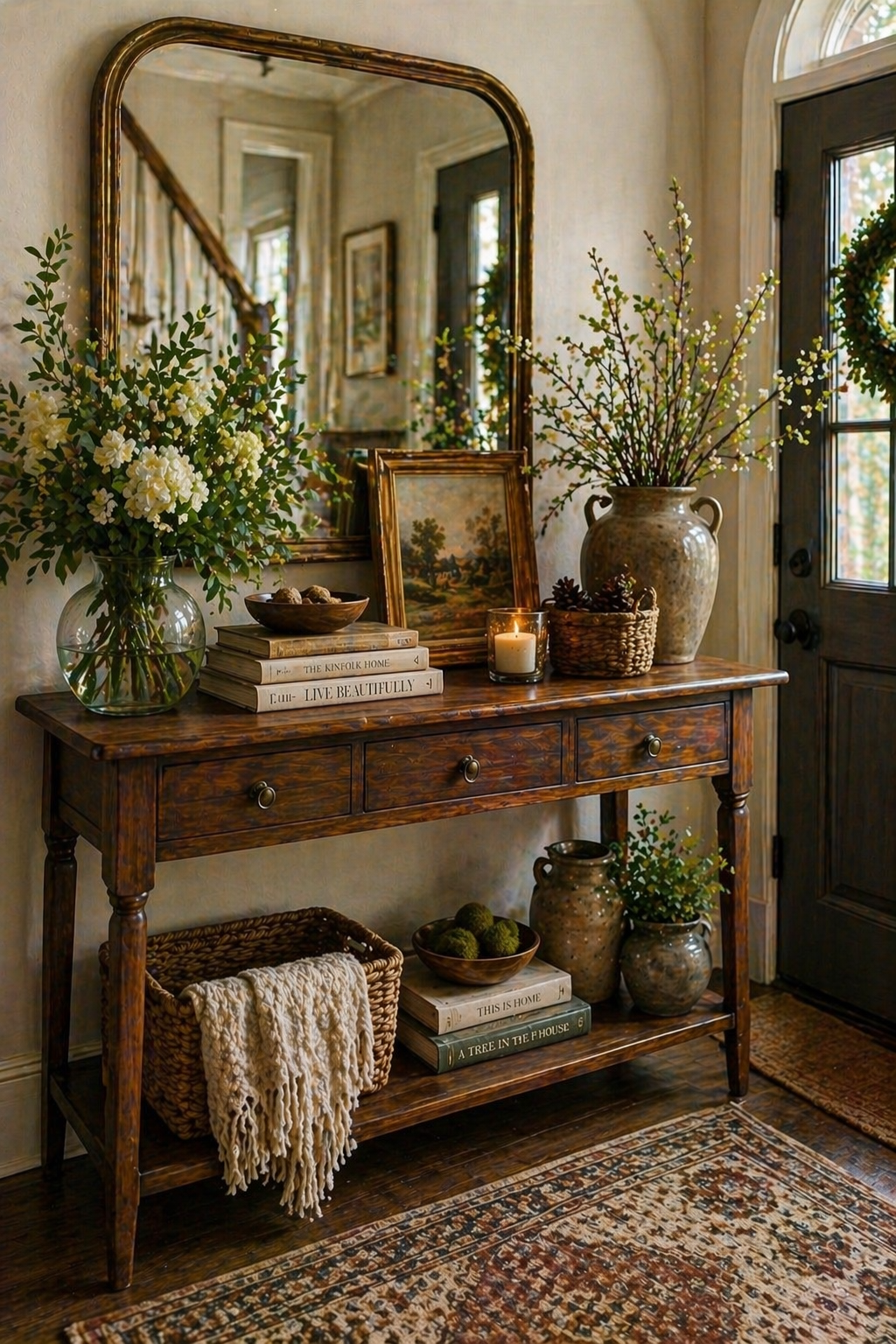 Vintage entryway table with seasonal decor styling showing fresh flowers and natural elements
