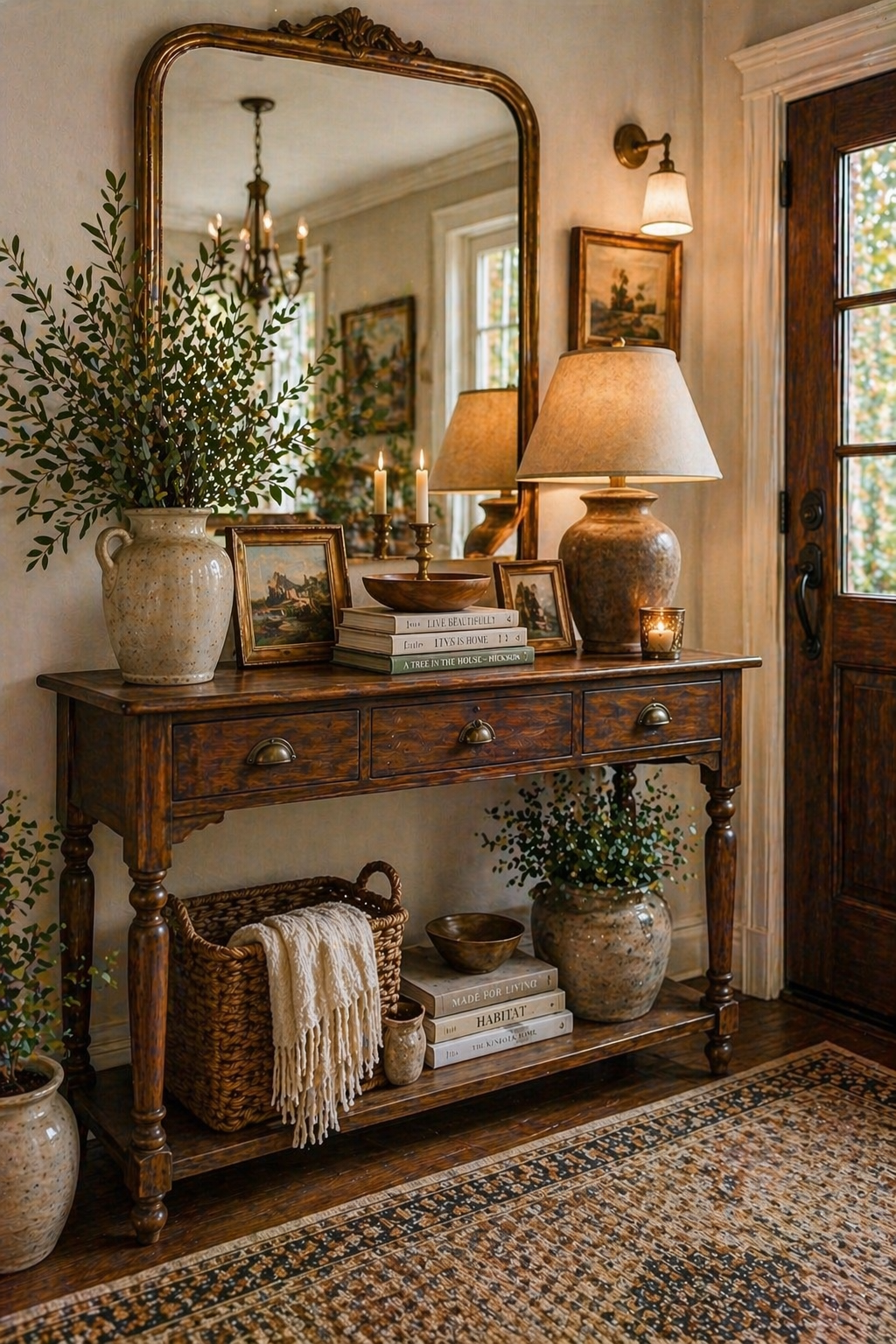 Layered vintage entryway styling with stacked books vases and mixed textures creating depth