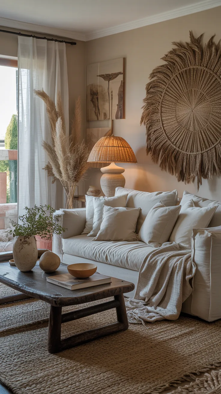 Living room with layered neutral tones and natural textures