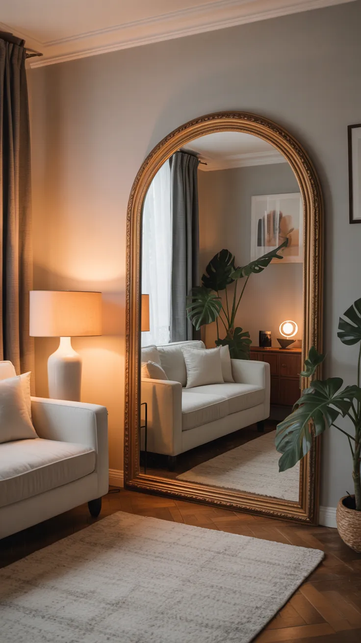 Large mirror reflecting light in small living room