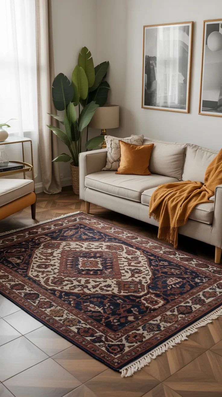 Large rug in small living room