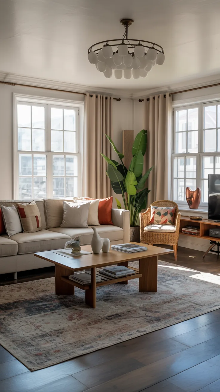 Living room with large rug anchoring space