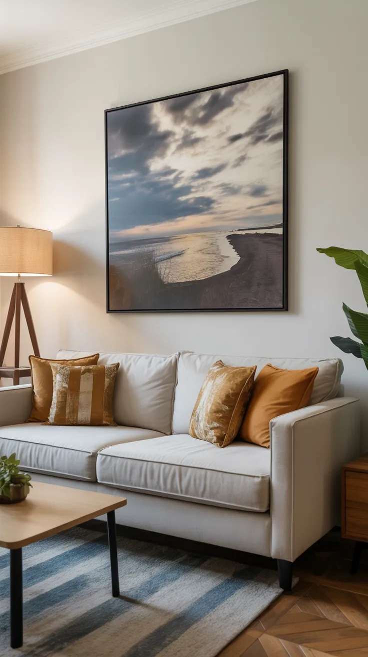 Properly scaled wall art above sofa