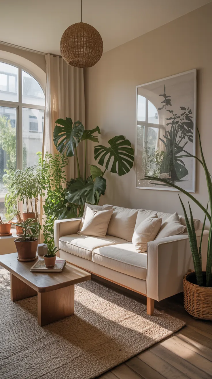 Living room with plants and natural textures