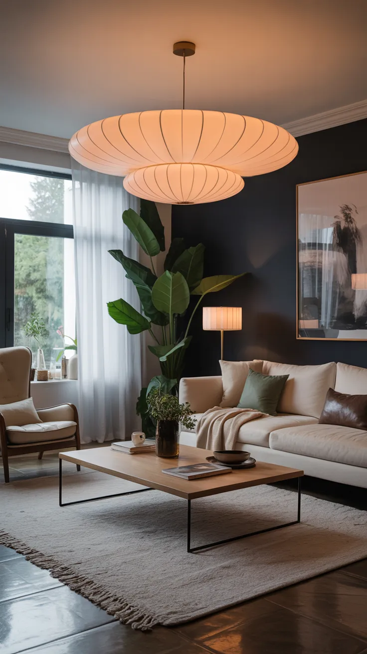 Living room with statement lighting