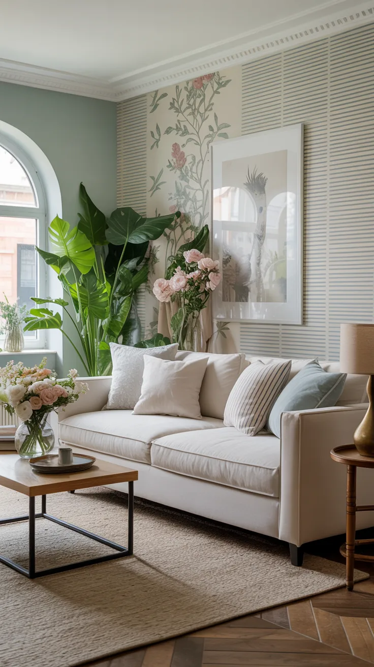 Living room with subtle patterns including soft stripes and gentle florals maintaining calm aesthetic