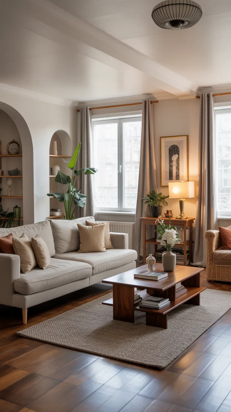 Open uncluttered living room layout with spacious flow and breathing room around furniture