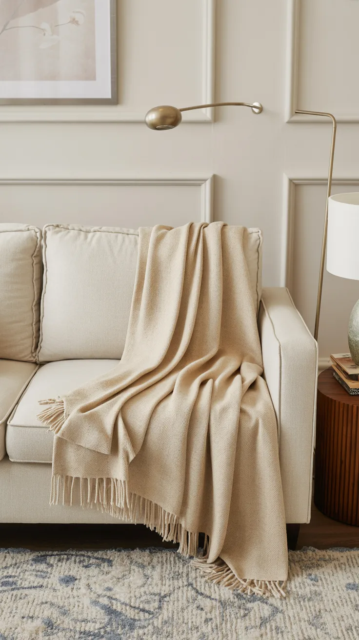 Casually draped throw blanket on sofa adding texture and lived-in comfort to living room