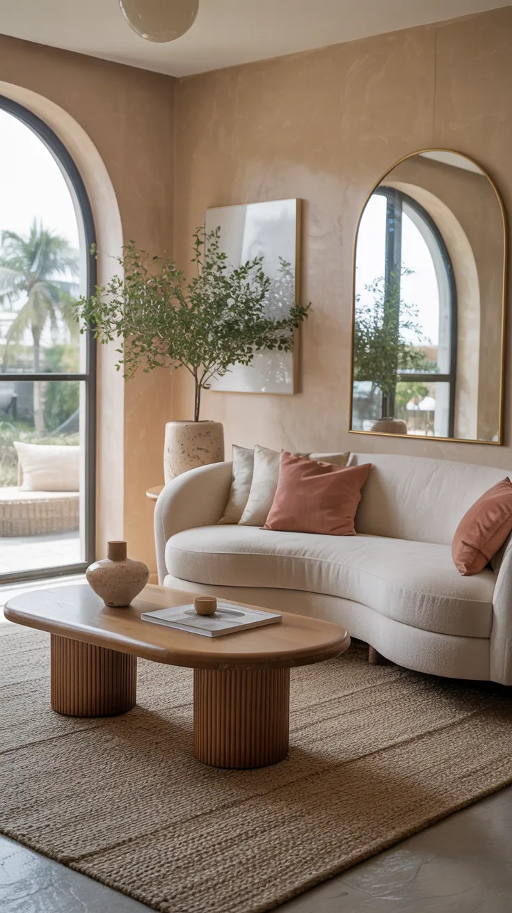 Living room featuring curved furniture including rounded coffee table and arched mirror for soft aesthetic