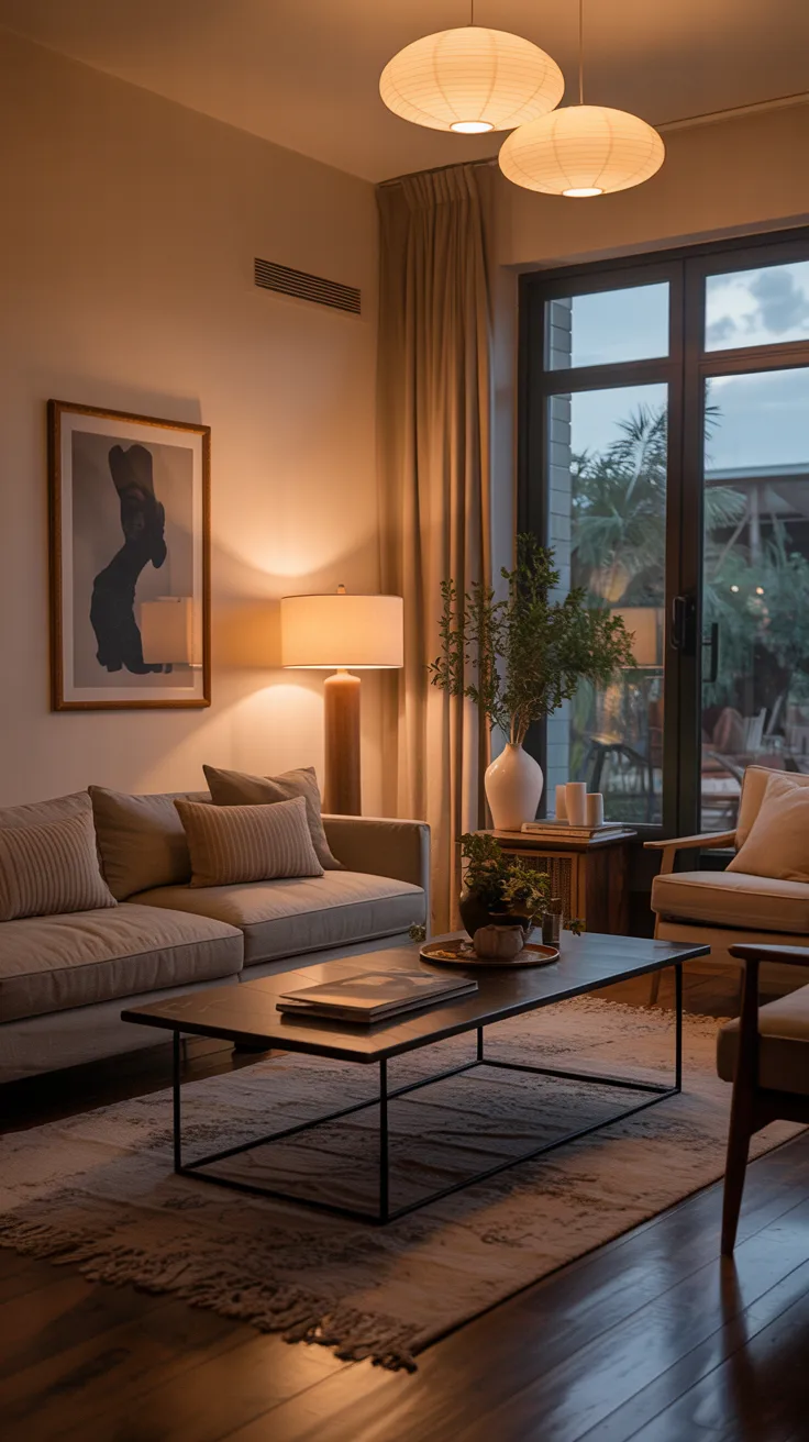 Living room with warm diffused lighting from table lamps and floor lamps creating gentle ambiance
