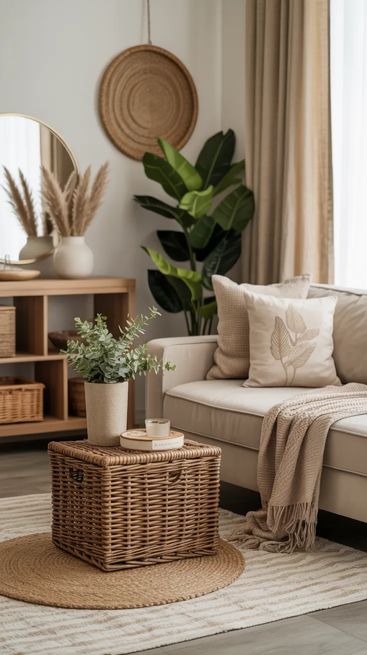 Living room decor featuring natural materials like wood, rattan, woven baskets, and linen textures
