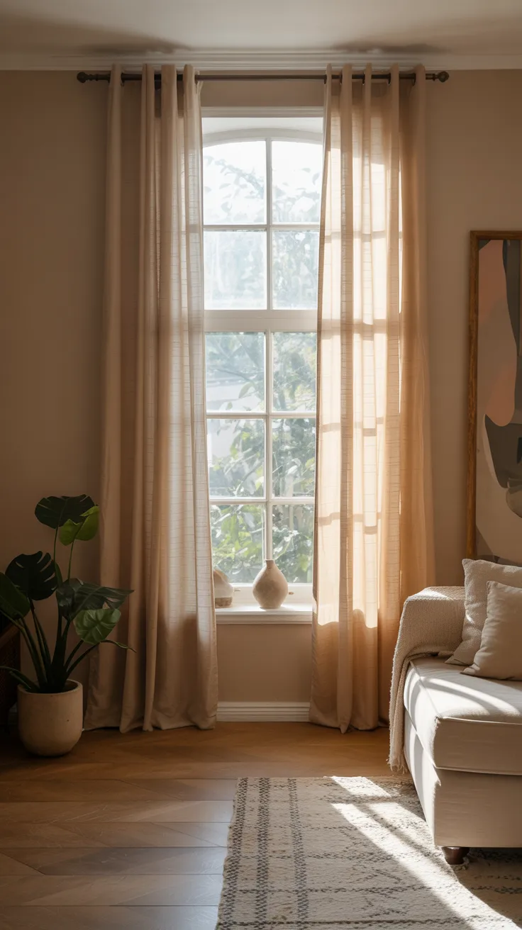 Soft flowing curtains in living room draping naturally with gentle light filtering through