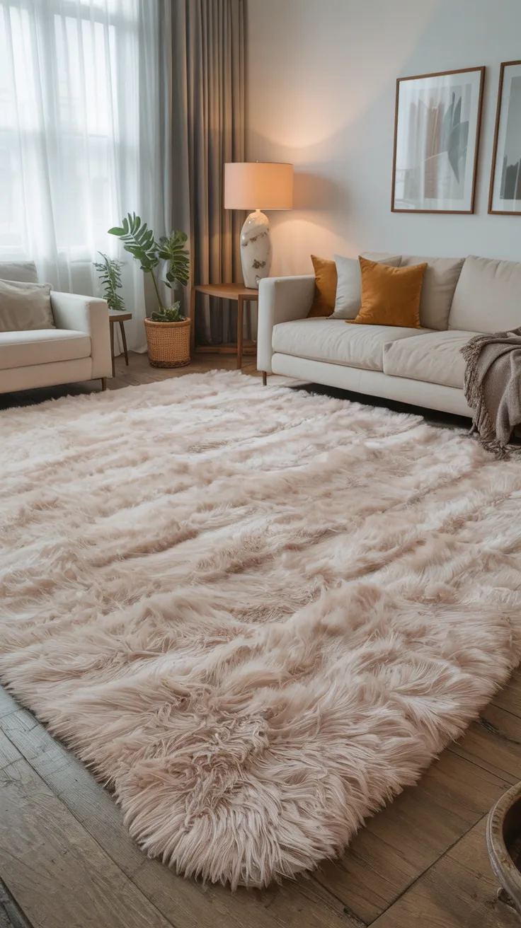 Large plush area rug in living room creating warmth and grounding the furniture arrangement