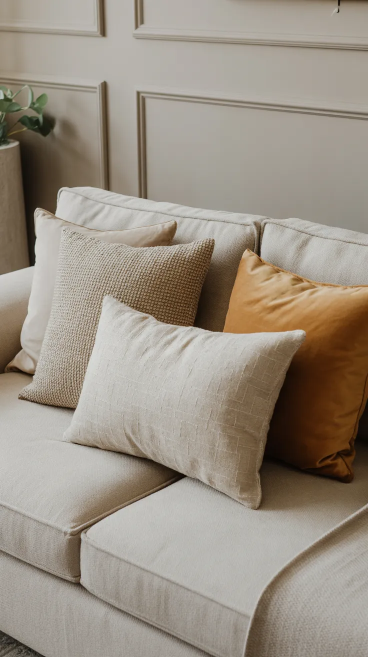 Living room sofa with mixed texture cushions including linen, boucle, cotton, and velvet in neutral tones