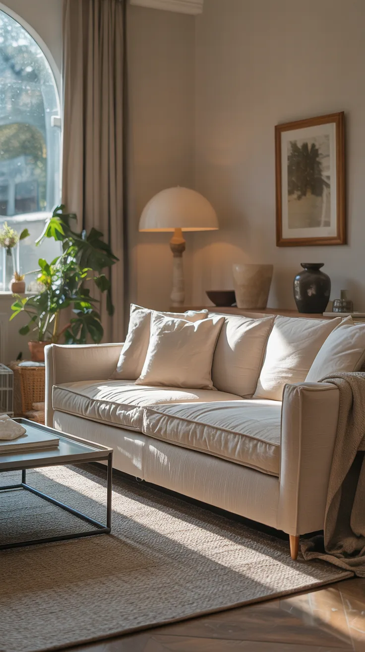 Deep cushioned sofa with soft upholstery and relaxed shape in a comfortable living room setting