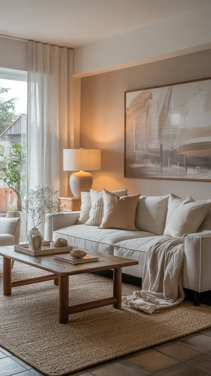 Living room with layered soft neutral colors including warm whites, beiges, and taupe tones creating a calm cohesive space
