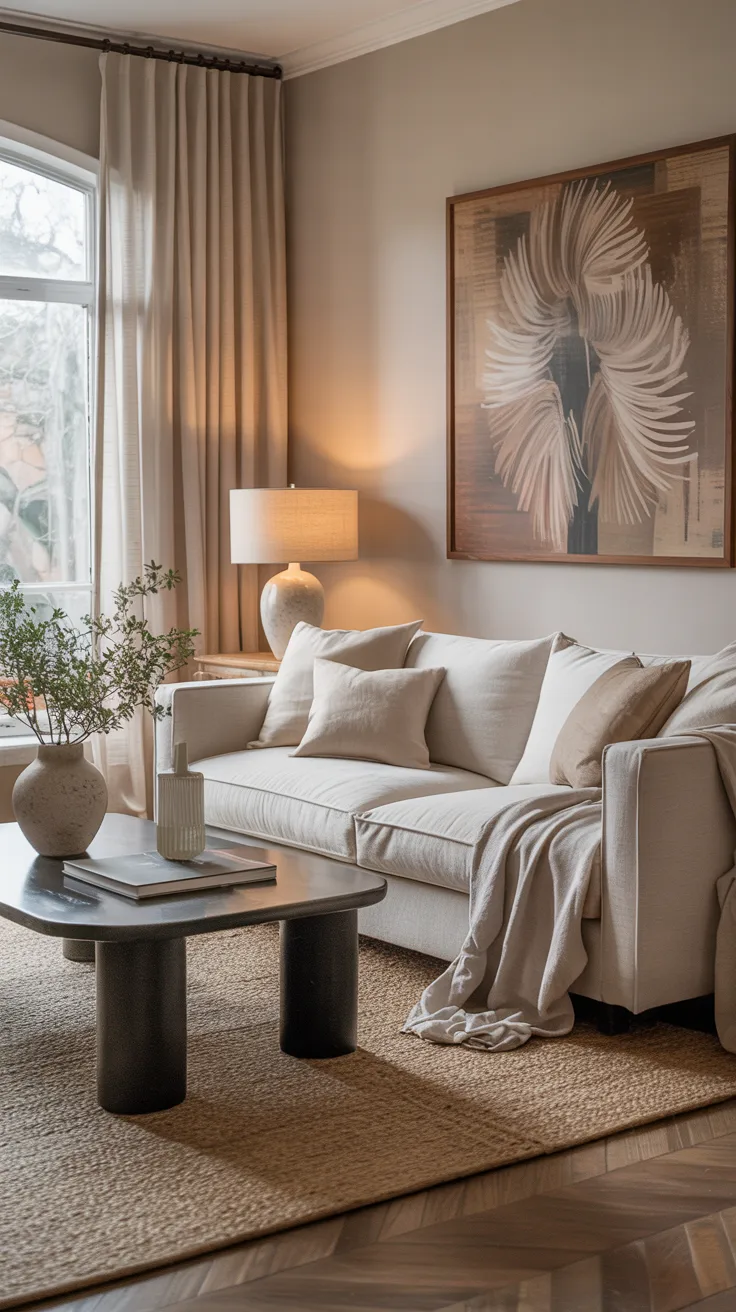 Living room with layered soft neutral colors including warm whites, beiges, and taupe tones creating a calm cohesive space