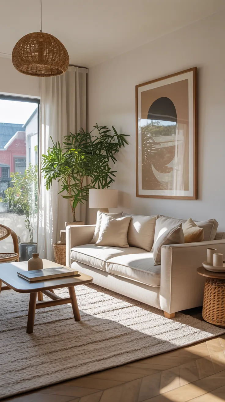 Minimalist living room decor with few meaningful pieces creating intentional uncluttered space