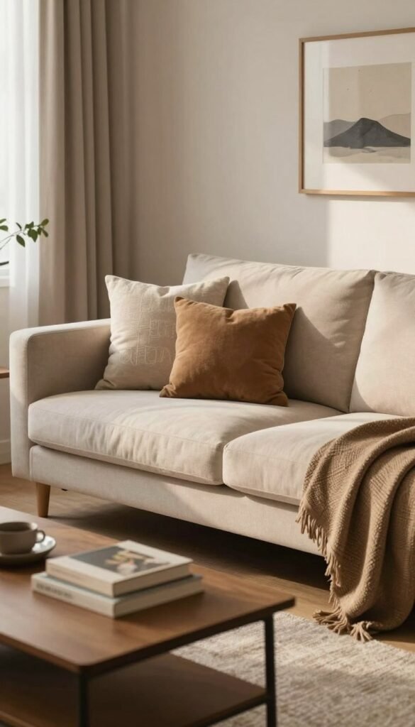 Lived-in comfortable living room with relaxed cushions and natural placement creating welcoming atmosphere