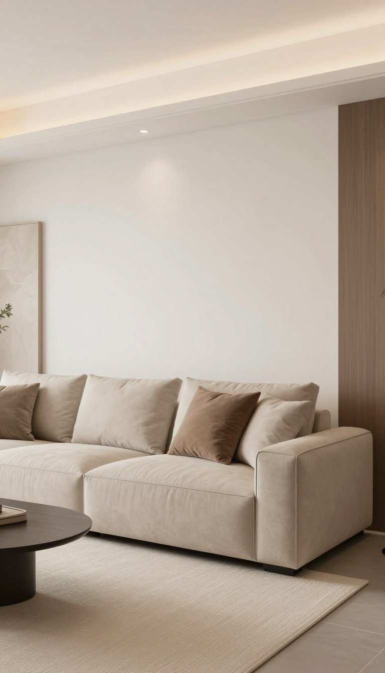 Living room with layered soft neutral colors including warm whites, beiges, and taupe tones creating a calm cohesive space