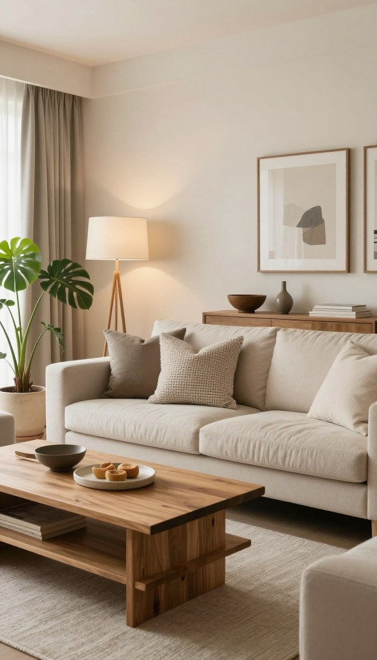 Modern living room with cohesive neutral decor and layered textures