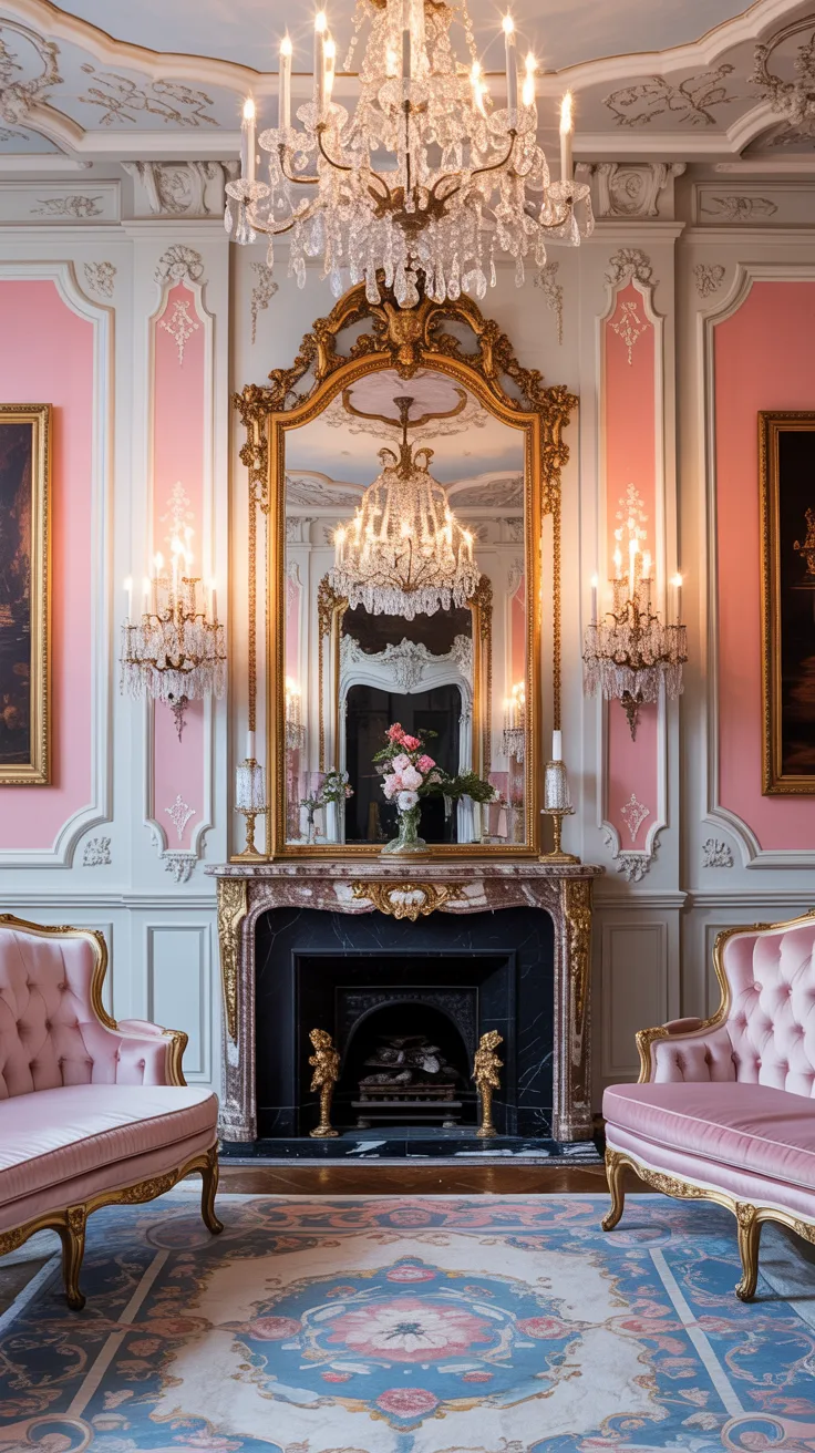 Large ornate gold framed mirror above a Rococo fireplace in an elegant cream living room