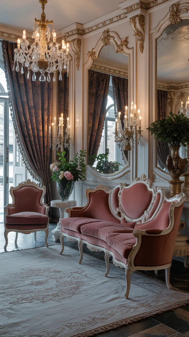 Large crystal chandelier hanging inside a luxurious Rococo style living room