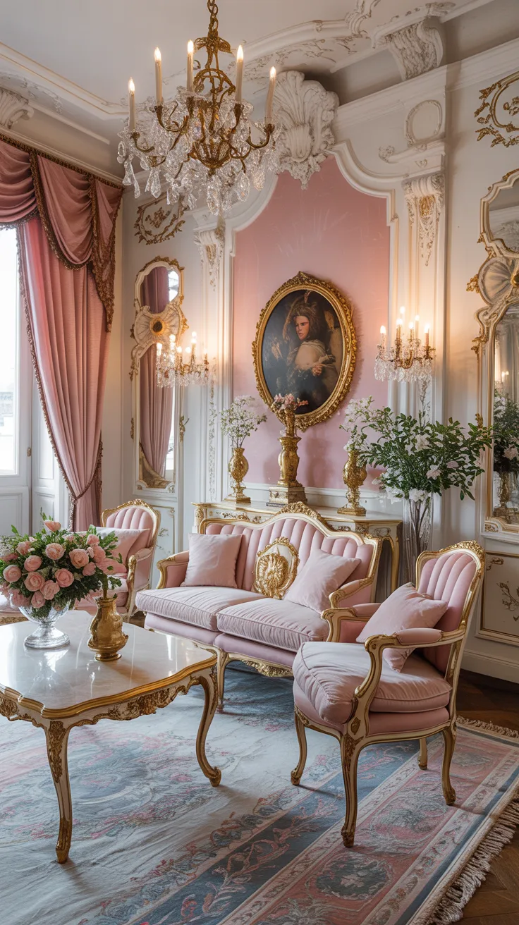 Soft pastel Rococo living room with gold accents and elegant furniture