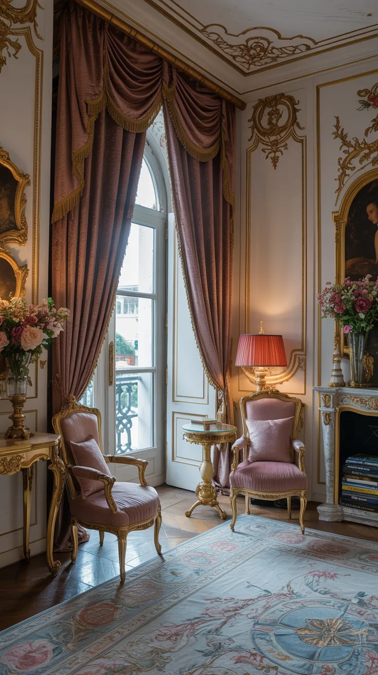 Floor length velvet curtains in an elegant Rococo style living room