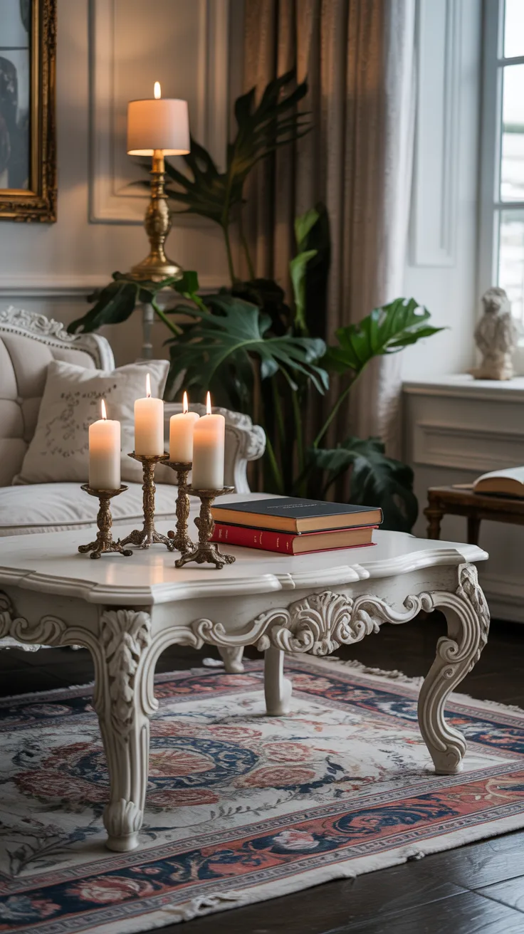 Ornate carved Rococo coffee table styled with candles and books