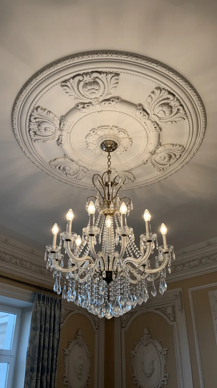 Elegant Rococo ceiling medallion surrounding a crystal chandelier
