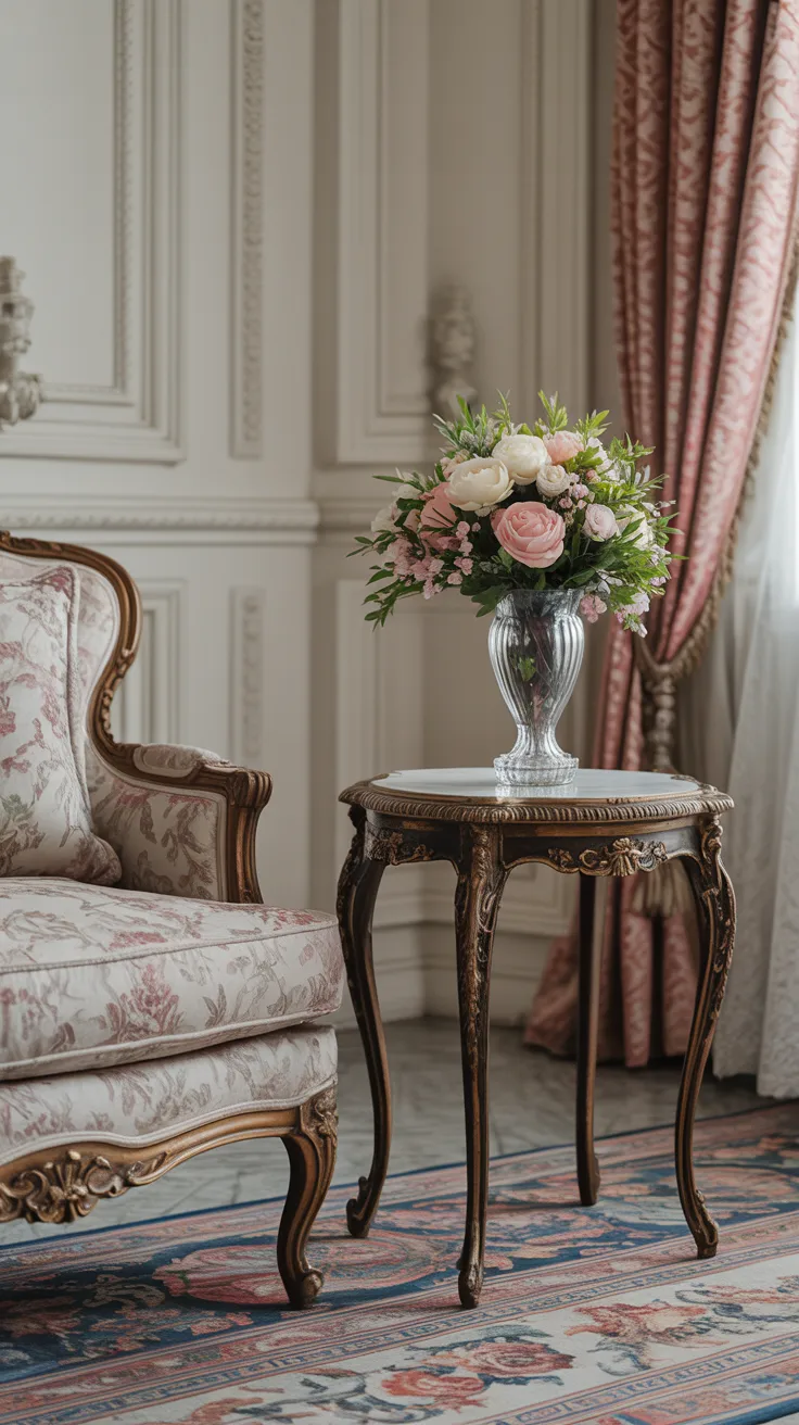 Small antique style Rococo side table beside an elegant sofa