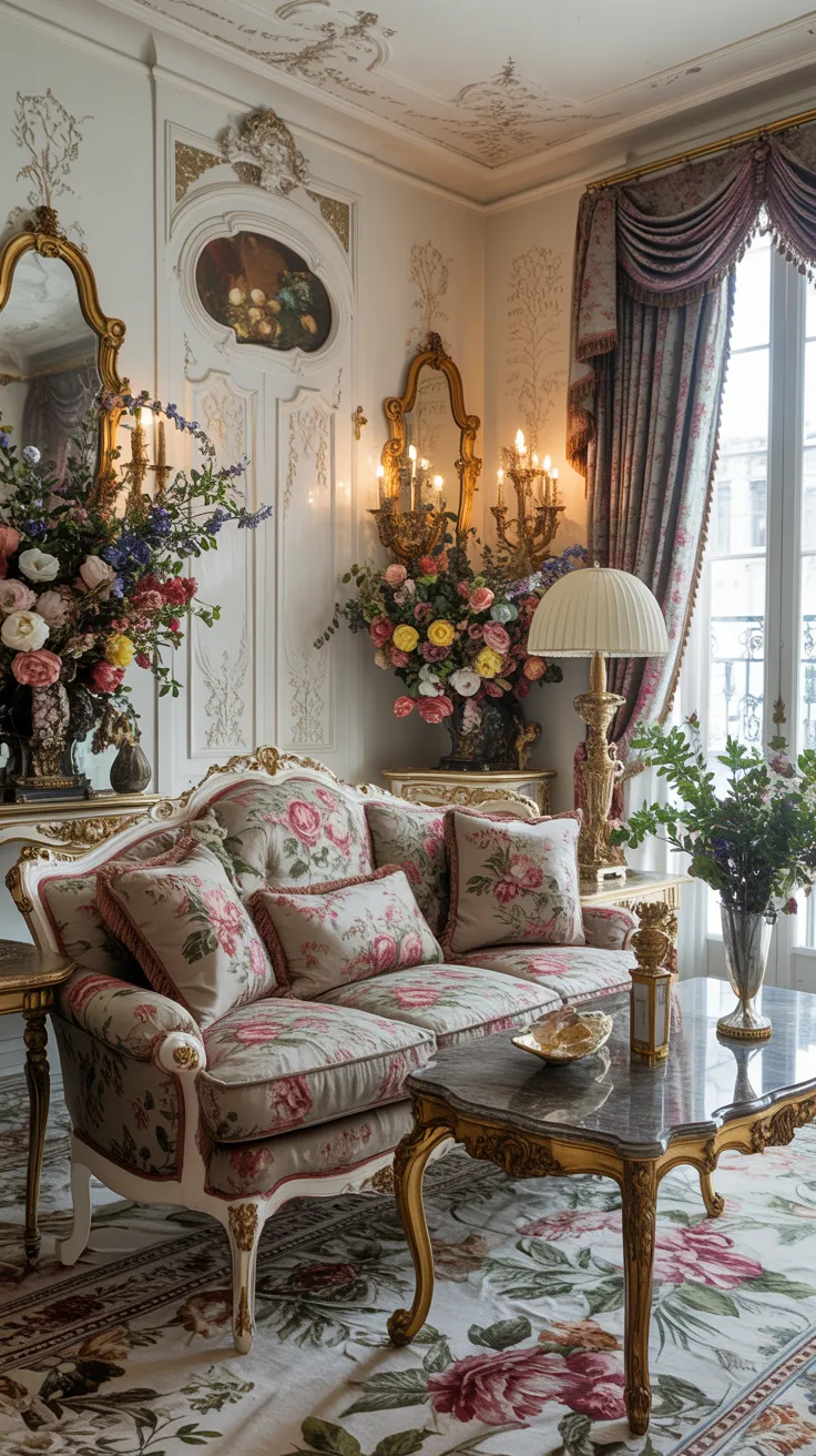 Rococo living room featuring floral and damask patterned fabrics