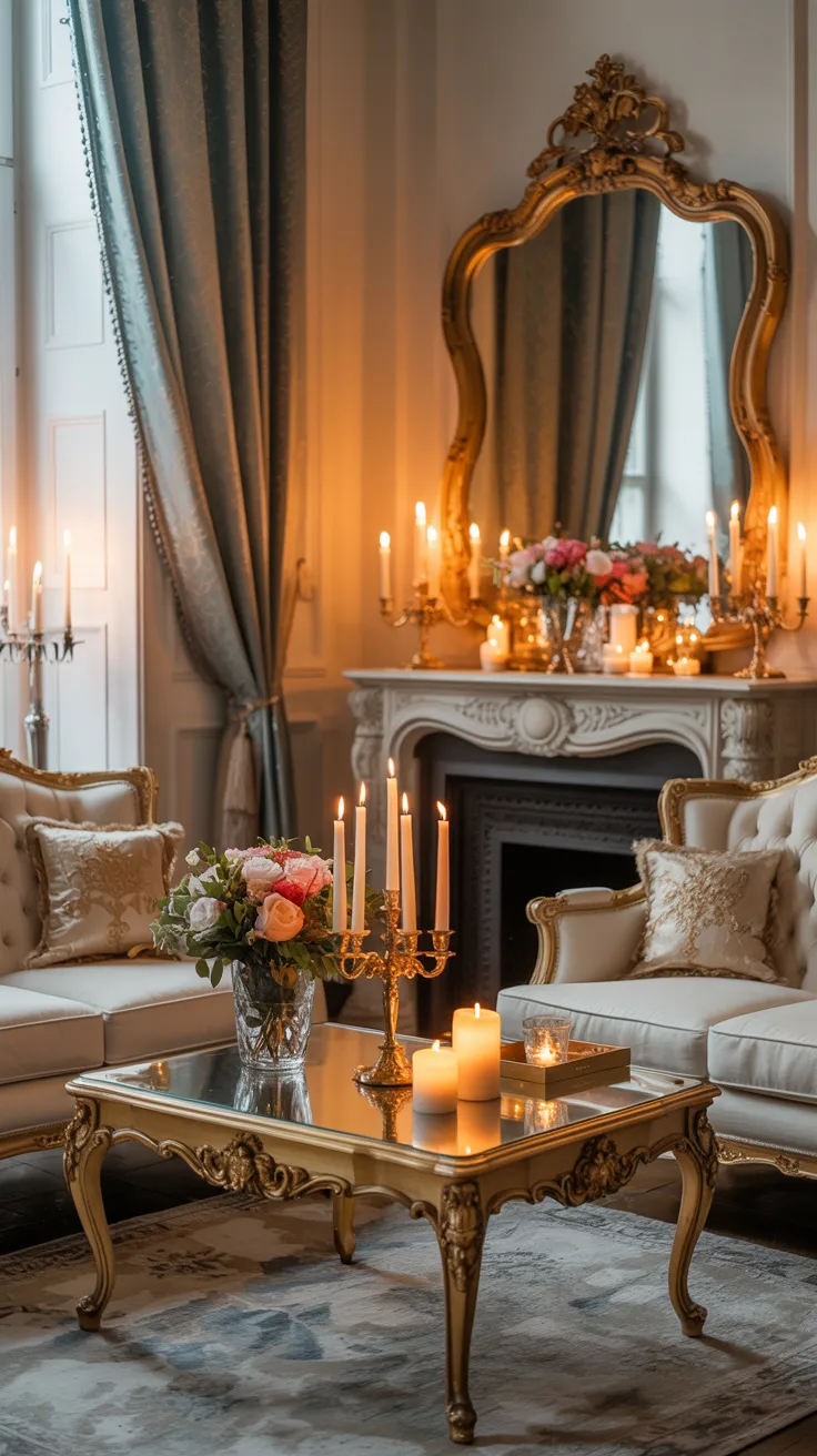 Romantic Rococo living room styled with candlelight and gold decor