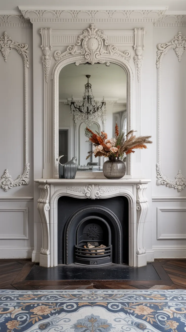 White marble fireplace with ornate Rococo mantel styling