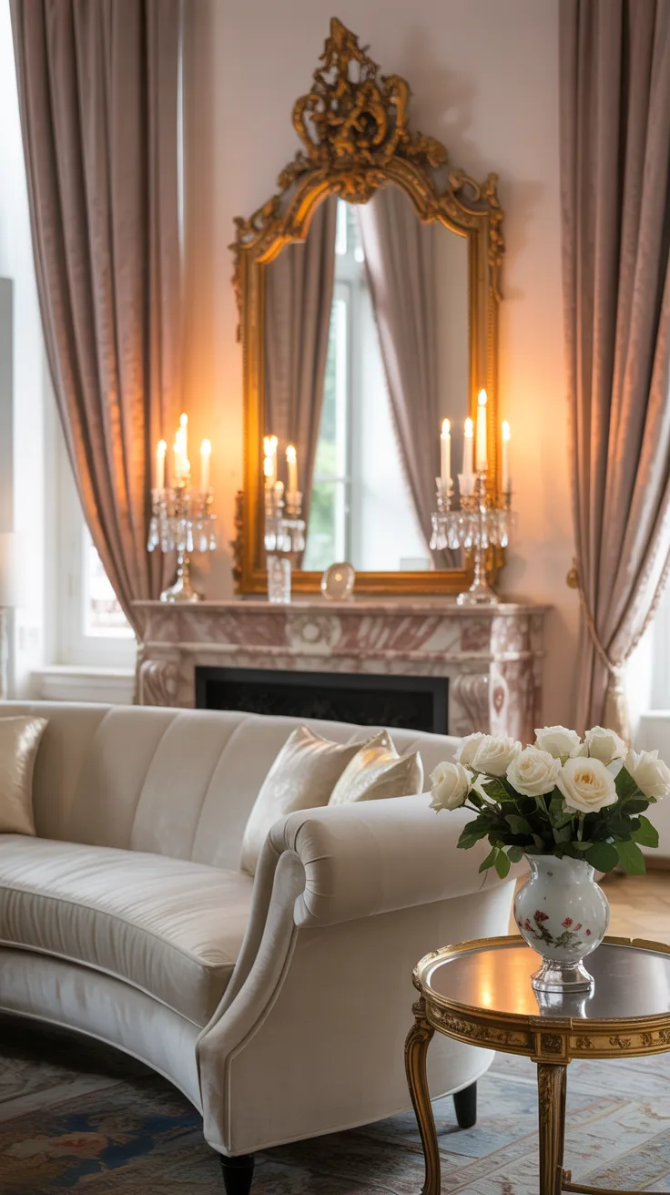 Elegant Rococo inspired living room with soft cream and blush tones, ornate gold mirrors, curved furniture, candlelight warmth, and romantic vintage styling
