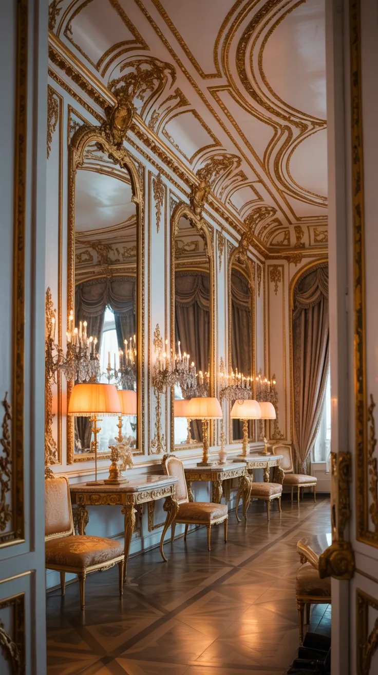 Lavish Rococo interior with oversized gilded mirrors, curved wall molding, antique decor, warm ambient lighting, and elegant Parisian inspired styling