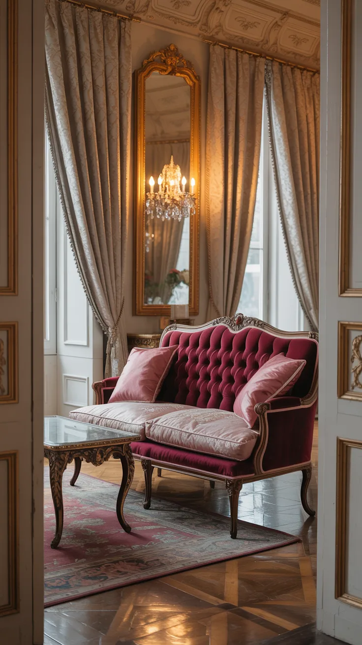 Cozy Rococo sitting room with velvet tufted seating, carved wood furniture, warm lighting, layered textiles, and romantic old world elegance