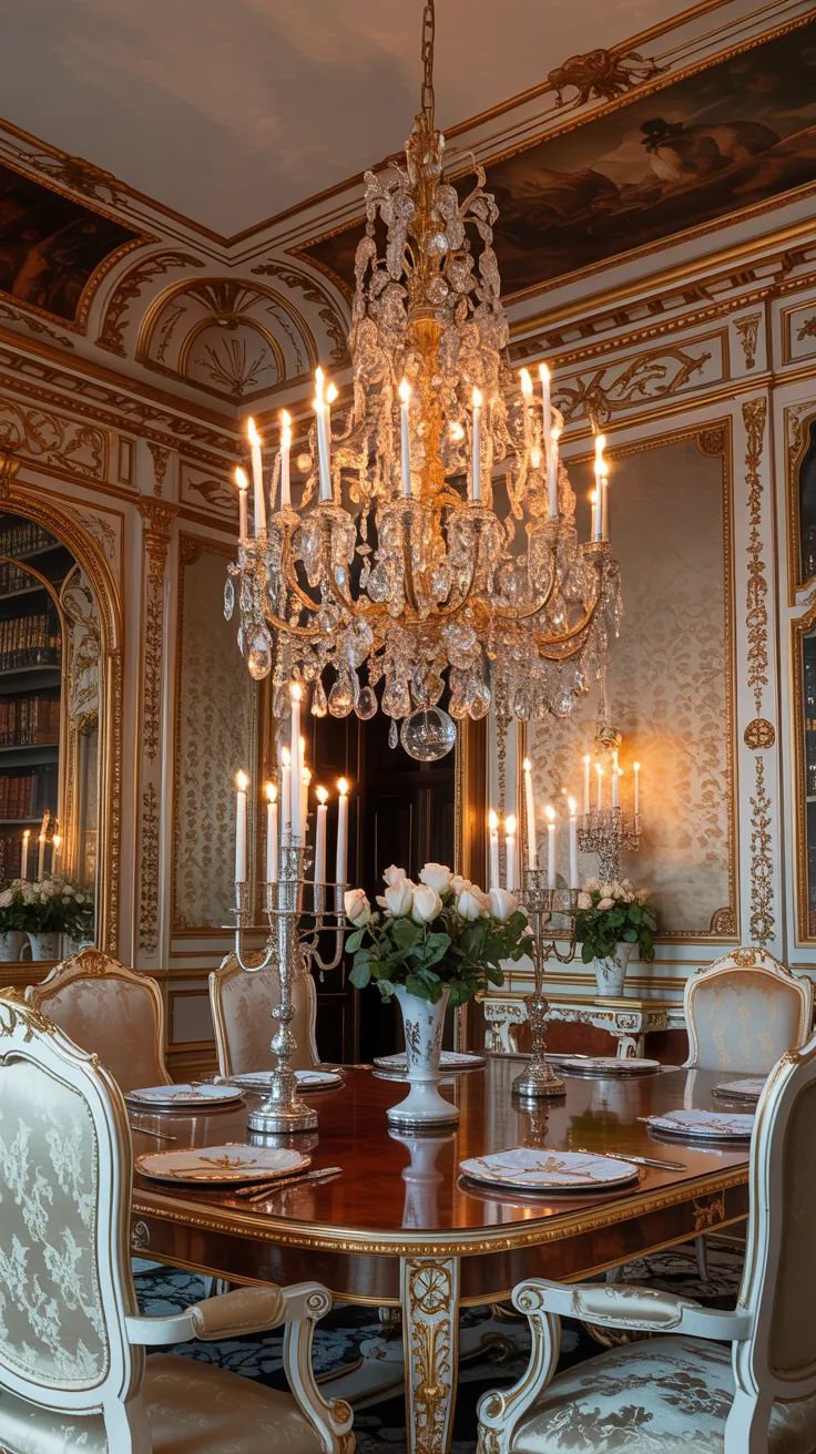 Romantic Rococo dining room with crystal chandelier, warm candle inspired lighting, ornate ceiling details, and elegant layered decor