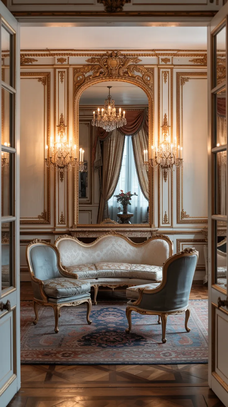 French Rococo inspired room with curved sofas, cabriole leg chairs, ornate mirrors, layered textures, and soft romantic lighting