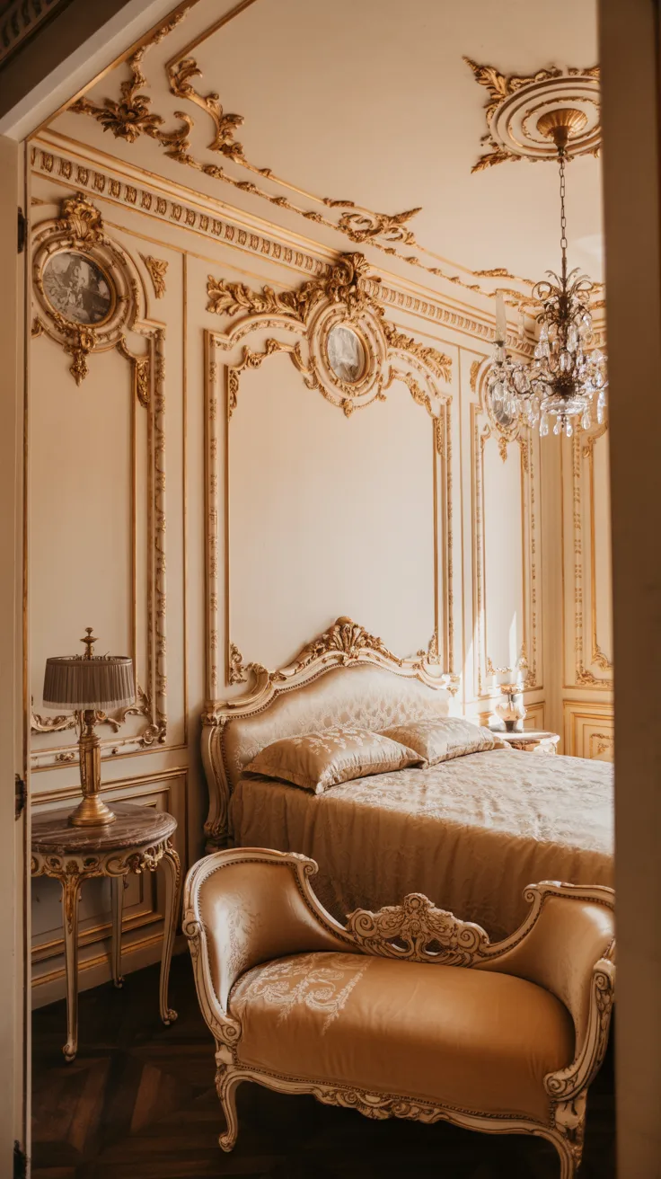 Elegant Rococo bedroom with decorative wall molding, ceiling medallions, soft cream walls, antique furniture, and warm ambient lighting
