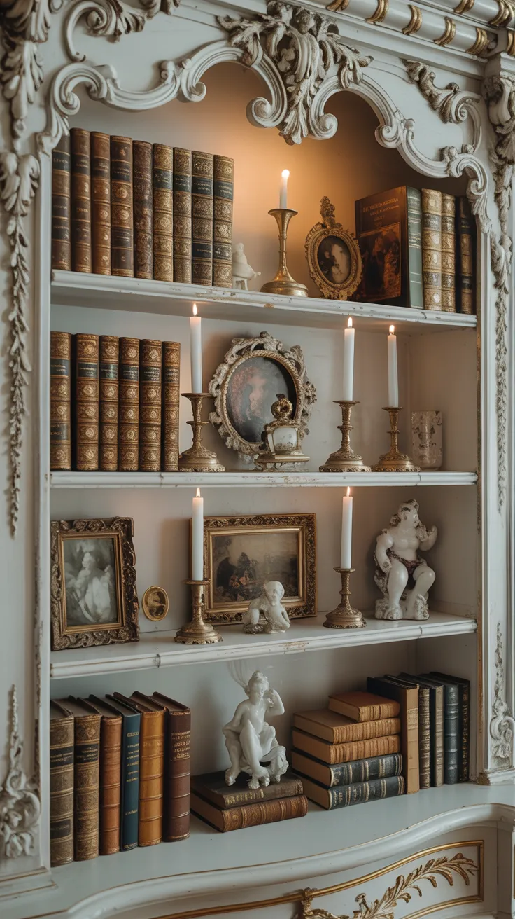 Rococo inspired shelving styled with vintage books, candlesticks, porcelain decor, framed artwork, and collected old world charm