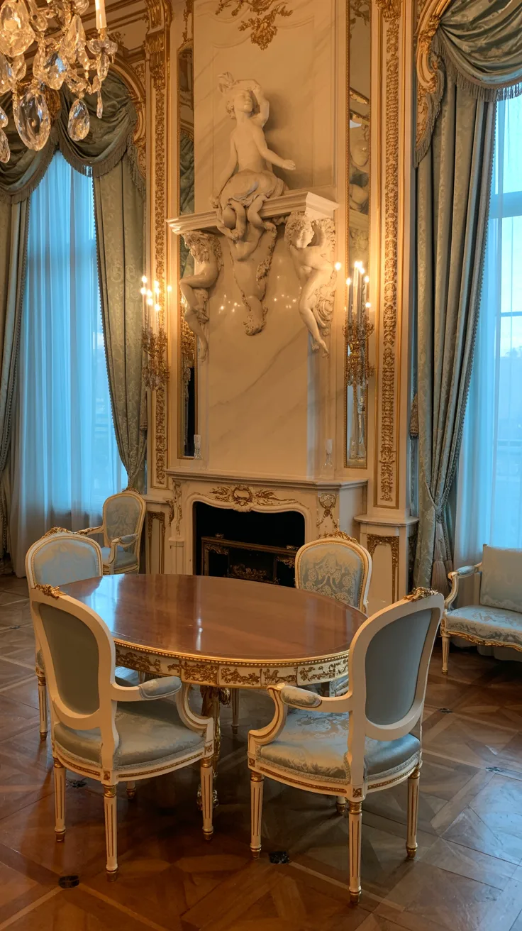 Luxurious Rococo interior with cream marble accents, antique gold decor, warm lighting, soft textiles, and balanced elegant styling