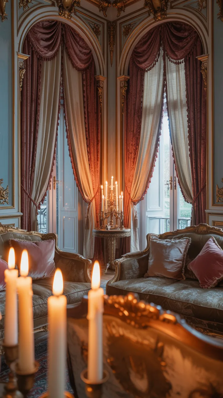 Romantic Rococo room with layered linen and velvet curtains, tall windows, ornate trim, soft candlelight, and cozy elegant textures