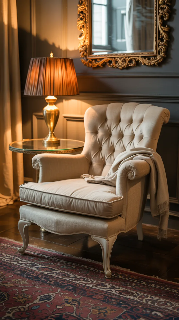 Cozy Rococo reading corner with tufted armchair, warm lamp lighting, gilded mirror, vintage decor, and soft layered textures