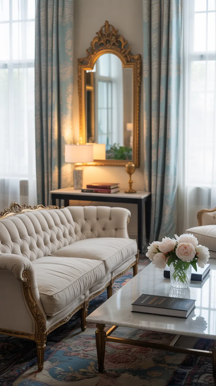 Balanced Rococo inspired living room mixing ornate antique furniture with simpler modern pieces, warm lighting, and relaxed elegant styling