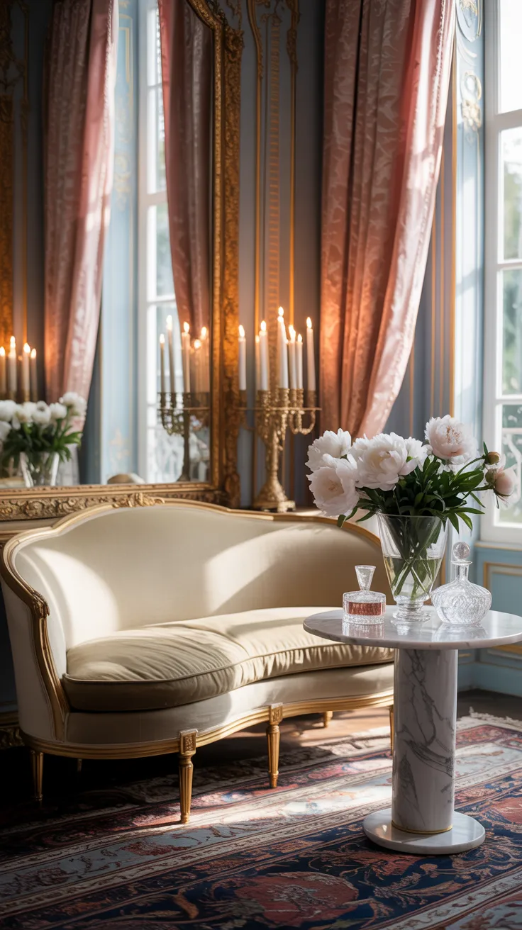 Relaxed Rococo inspired interior with soft lighting, layered textures, gilded mirrors, curved furniture, and warm romantic atmosphere